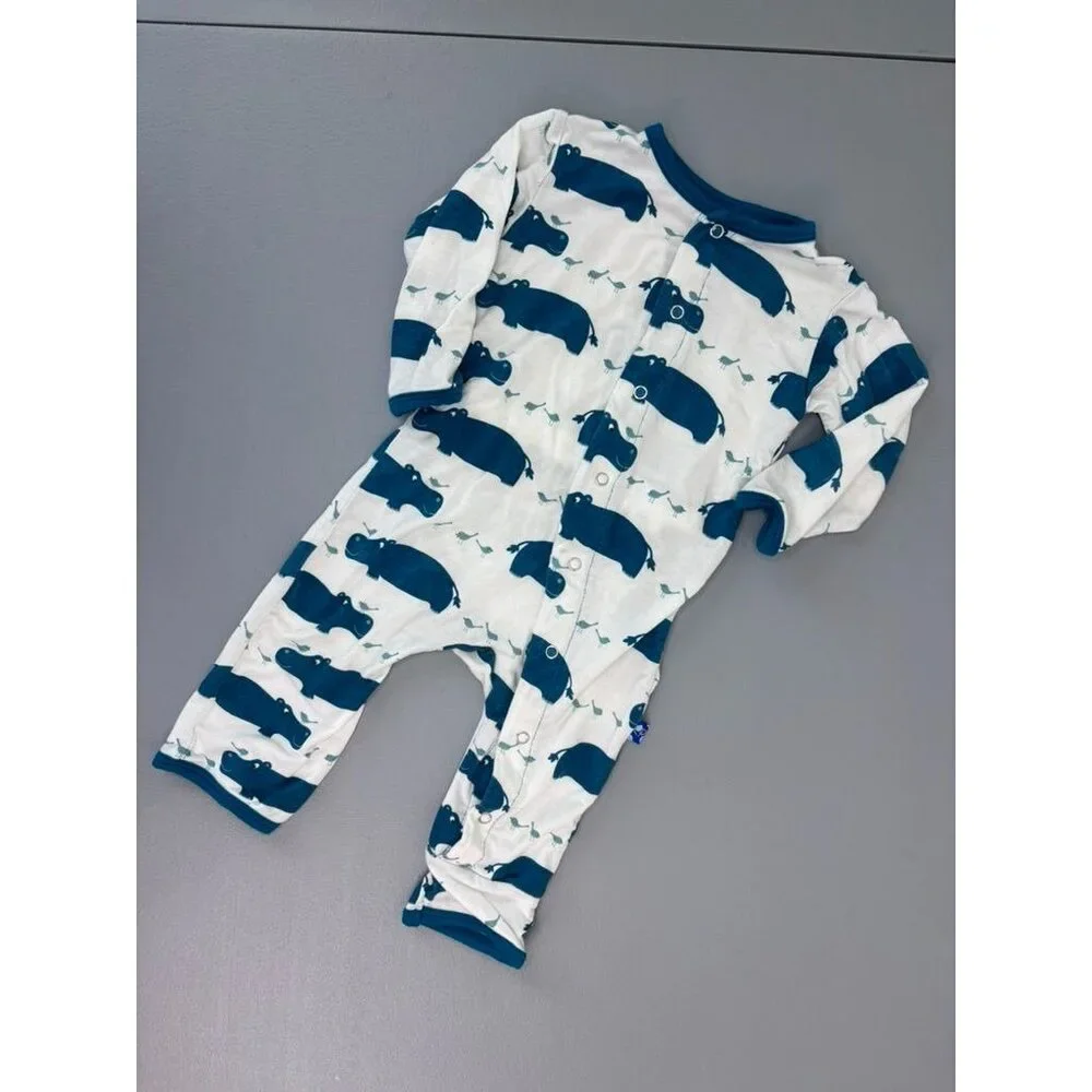 Kickee Pants 3-6 month baby‎ one piece blue white hippo footless sleeper